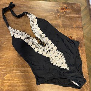 Kona Sol One Piece Black Swimsuit with Lace Detail- Size Women's Medium